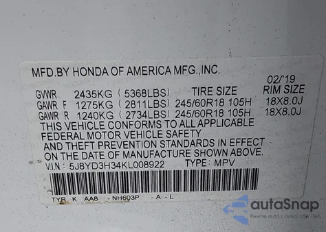 2019 Acura Mdx Standard from USA, damaged, VIN 5J8YD3H34KL008922